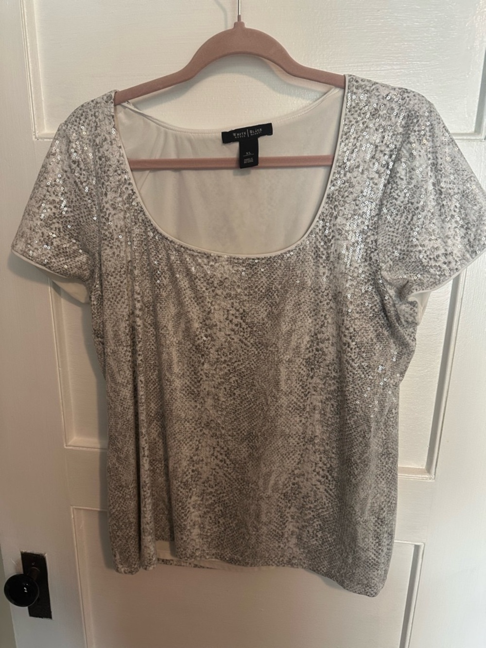 White House Black Market Silver Sequin Scoop Neck Short Sleeve Tee
